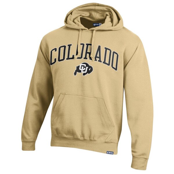 A Vegas Gold hoodie featuring arched black Colorado lettering and a C-U Buffalo logo, with a drawstring hood and a large kanga pocket.